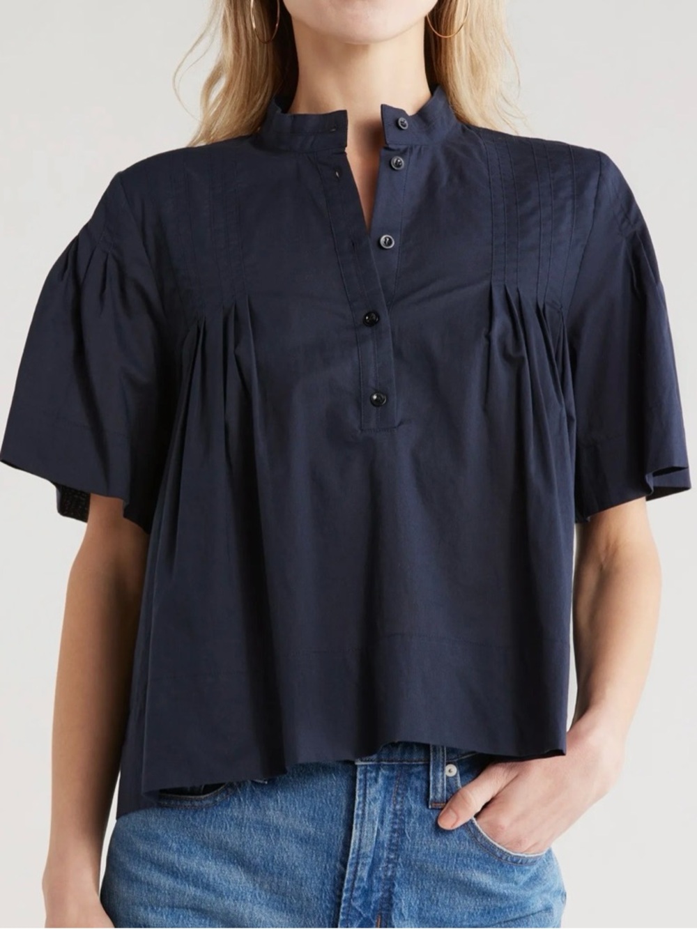 Frame Denim Navy Short-Sleeve Pintuck Popover